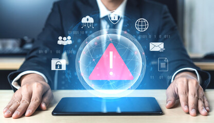 Red warning triangle representing a cybersecurity threat or data breach alert, surrounded by digital security and network protection icons, symbolizing cyber risk awareness Parse