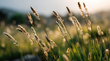 Fototapeta premium Beautiful Close-Up of Golden Grass Blades in a Sunlit Meadow with Soft Bokeh Background and Gentle Morning Light Enhancing Natural Landscape Aesthetics