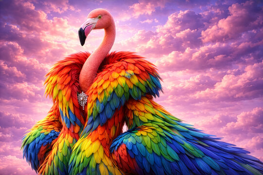 rosa Flamingo schm&uuml;ckt sich mit fremden Federn, Flamingo in rosa und lila Wolken tr&auml;gt bunte Papageienfedern, pr&auml;chtiger Federmantel von anmutendem Vogel