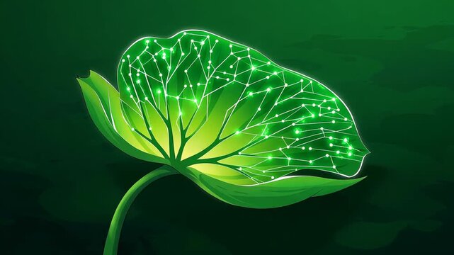 A stylized illustration features a glowing green leaf with an intricate network design