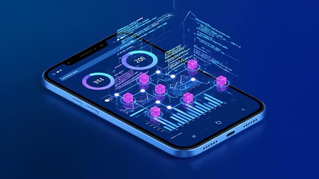Isometric smartphone shows digital data analytics with neon lights and circuits on blue gradient.