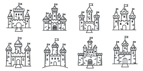 Fototapeta premium A collection of various castle illustrations in black and white outline vector style, suitable for fantasy-themed projects and designs