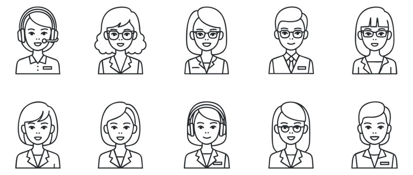 A set of ten diverse customer service avatars in line art vector style, ideal for business and support projects