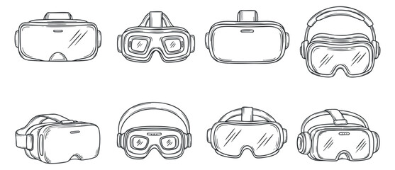 A collection of virtual reality headsets and goggles in clean outline vector style, suitable for tech and gaming projects