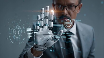 Businessman use artificial intelligence AI technology for enhanced work efficiency data analysis and efficient tools, Unlocking work potential with AI solutions chatbot help solve work problems. - Powered by Adobe