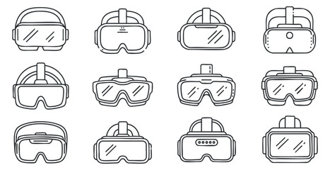 A collection of various virtual reality headsets in clean outline vector style, perfect for tech-related designs and branding