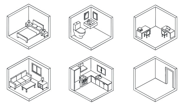 A collection of hexagonal room illustrations including a bedroom, bathroom, kitchen, and dining area in minimalist outline vector style, suitable for interior design projects