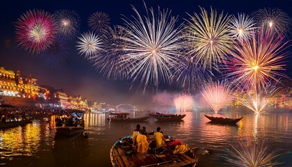 fireworks over varanasi ghats during festival night