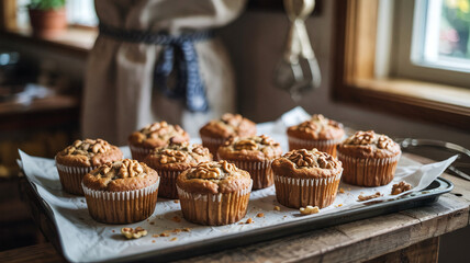A tray of banana nut muffins cools after baking