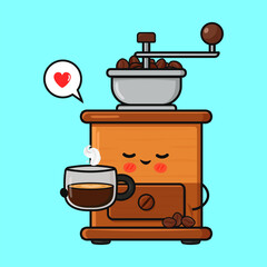 Cute coffee grinder character holding espresso cup and showing love
