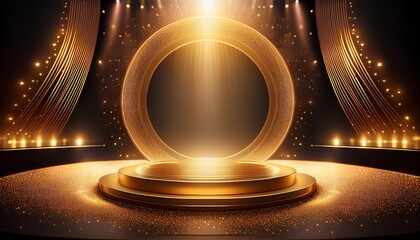 gold award ceremony stage podium soft light circular display glittering background elegant night scene