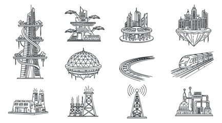 A collection of futuristic city buildings and infrastructure icons in detailed outline vector style, ideal for urban design projects