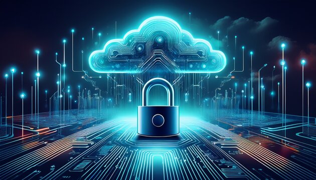 cybersecurity cloud secure network padlock protecting data center servers and devices futuristic circuit board landscape showing encrypted - Powered by Adobe