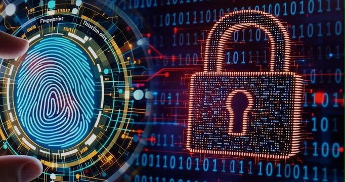 Fingerprint Biometric Security Digital Padlock - 4K Cybersecurity Authentication Binary Code Technology Concept