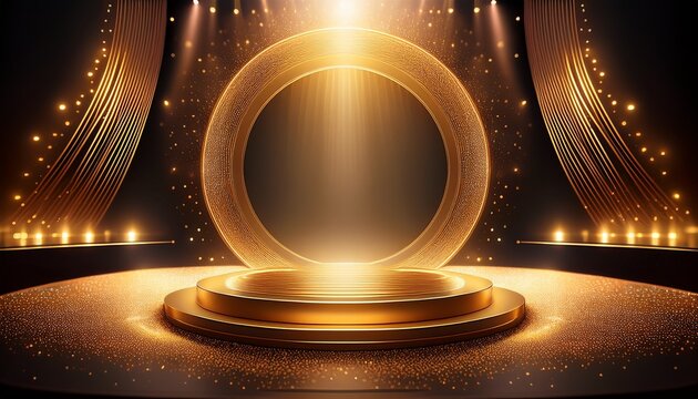 gold award ceremony stage podium soft light circular display glittering background elegant night scene