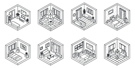 A collection of eight isometric room designs featuring modern furniture in minimalist outline vector style, ideal for interior design projects