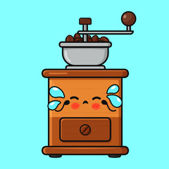 Kawaii coffee grinder character crying with coffee beans