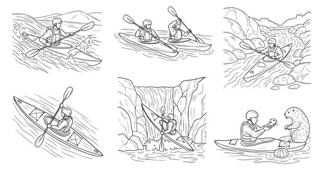 Fototapeta premium A collection of six kayaking illustrations in black and white line art style, perfect for outdoor adventure themes