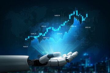 A robotic hand showcases a vibrant data visualization chart with financial metrics against a global map backdrop, symbolizing technology in finance and analytics. Scalp