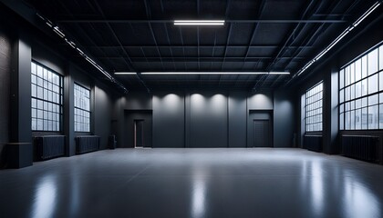 a dark empty room with a modern industrial design the walls ceiling and floor are all black or dark gray giving the space a sleek and minimalist appearance
