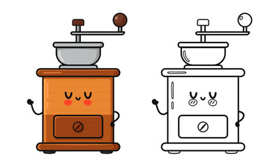 Adorable coffee grinder mascot character with coloring page version
