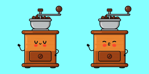 Cute cartoon coffee grinders expressing different emotions on blue background