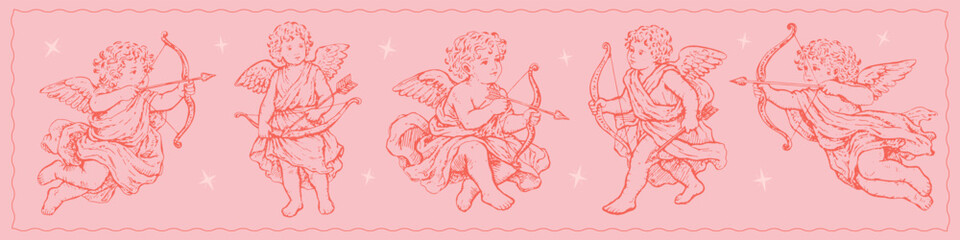 Vintage cupid angels decorative border illustration with bows and arrows.