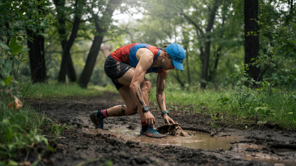 Trail runner bends down to secure shoes in mud