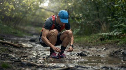 Trail runner ties laces after splashing through strem