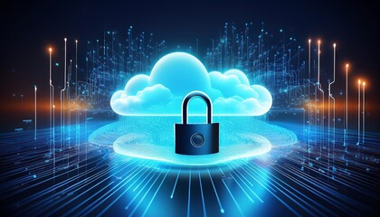 cloud cybersecurity concept showing secure cloud storage with glowing data streams and padlock symbol guarding network perimeter conveying digital