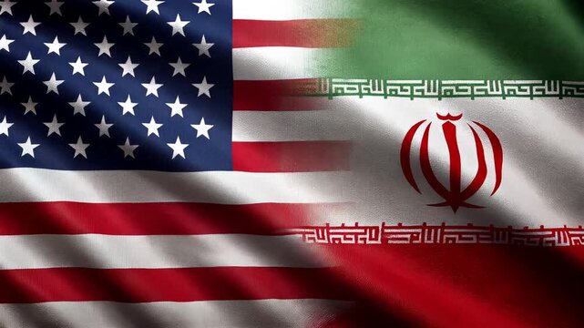us flag waving next to iranian flag. relations usa iran