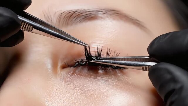 Professional eyelash technician applying individual eyelash extensions using precision tweezers on a female client in a beauty salon, macro detail of the lash enhancement and beauty process.