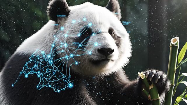 A panda eating bamboo, with a network overlay showing data connection and map. Green background