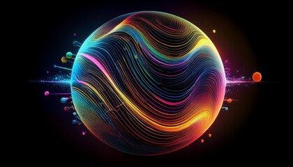 abstract sphere with colorful wavy data streams inside on black background
