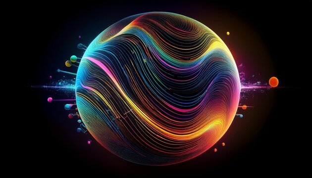 abstract sphere with colorful wavy data streams inside on black background - Powered by Adobe