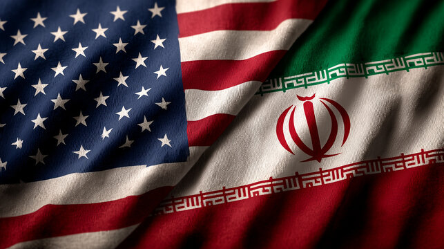 us flag waving next to iranian flag. relations usa iran