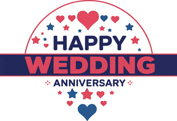 Happy Wedding Anniversary Badge with Red and Blue Hearts and Stars Vector