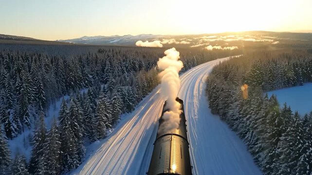 A steam train travels through a winter landscape, leaving trails of smoke against the snowy trees. The train and snowy trees create a serene scene of winter travel at sunrise.