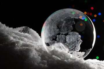 Frozen ice crystal soap bubble