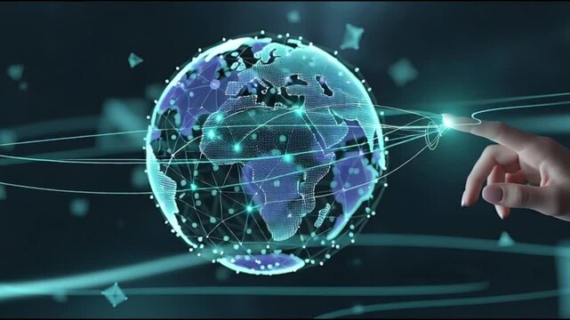 A hand interacts with a futuristic digital representation of the Earth, surrounded by glowing networks and data streams