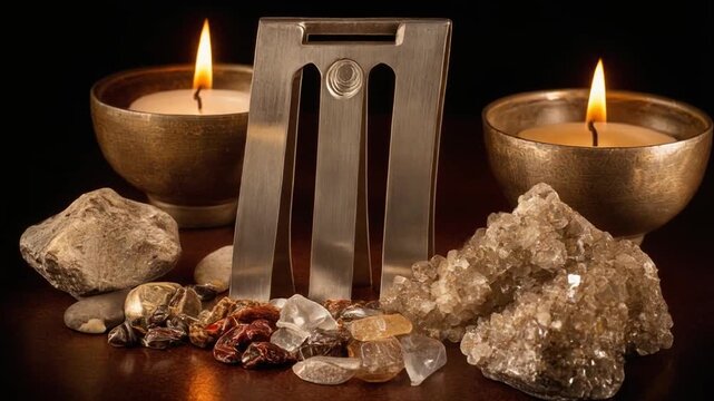 Still life composition with burning candles, crystals, metal sculpture, and gemstones