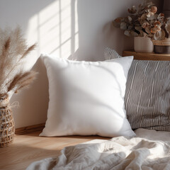 Composición serena con cojines blancos sobre suelo de madera clara, cesta decorativa con pampas, flores secas y luz natural proyectada, entorno cálido, sencillo y visualmente equilibrado para interior © noiteterna