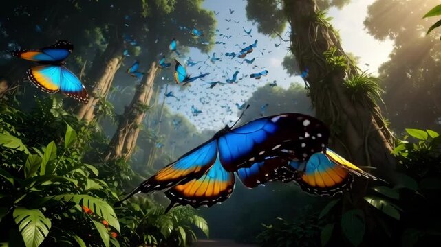 Numerous vibrant blue morpho butterflies flying gracefully through a lush sunlit tropical rainforest for nature's beauty concept and ecological wonder