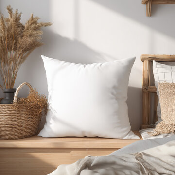 Rinc&oacute;n decorativo con almohada blanca sobre banco de madera, cesta tejida con pampas secas, textiles neutros y luz suave, creando un ambiente c&aacute;lido, natural y equilibrado ideal para espacios relajant