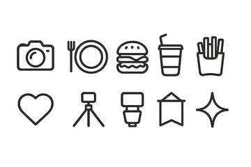 Food and photography outline icon set. Restaurant, camera, foodie line icons collection