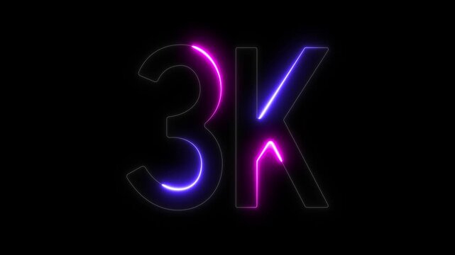 Glowing neon 3K sign with purple and pink lights on black background