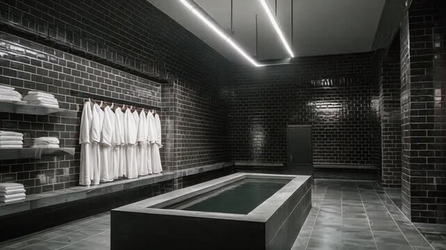 A dark, minimalist spa interior with a rectangular pool, brick walls, and linear lighting