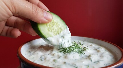 Hand dipping cucumber slice in fresh tzatziki dip