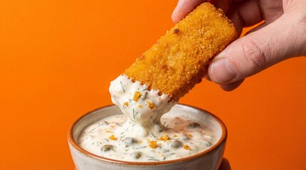 Hand dipping breaded fish stick into tartar sauce