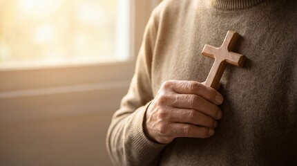 Person holding wooden cross symbolizing faith and hope